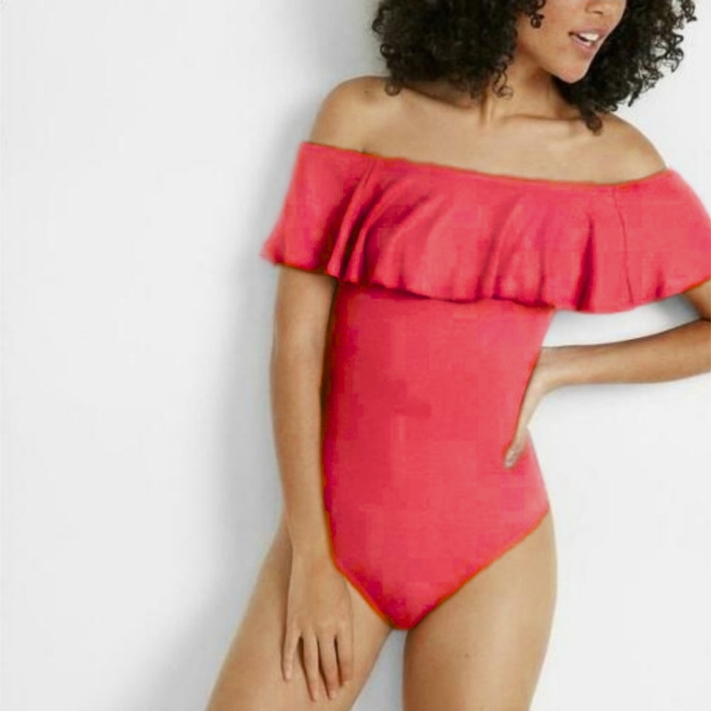 Express XS Ribbed Knit Off The Shoulder Ruffle Bright Red Thong Bodysuit